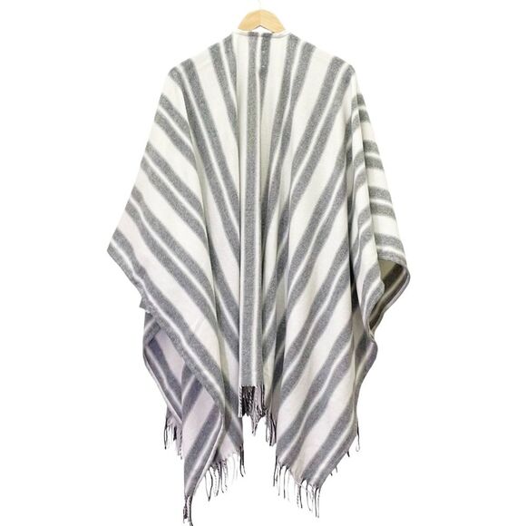 GAP Boho Fringed Poncho Cream & Gray Striped Wool Blend Oversized Size XS/S | OS - Picture 6 of 15